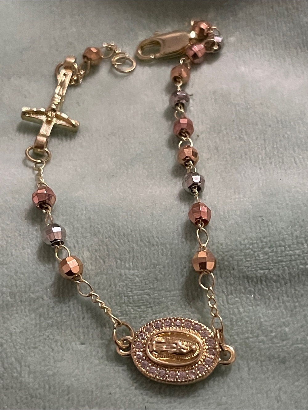Gold-Tone Miraculous Medal Bracelet with Pink Faceted Beads